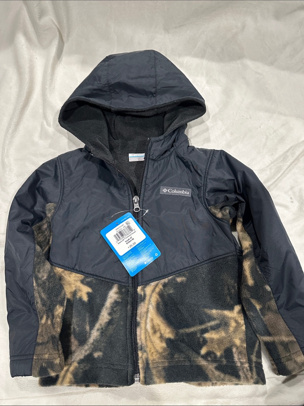 Columbia Kids Black Hooded Jacket with Brown Camo Fleece. NEW  4T